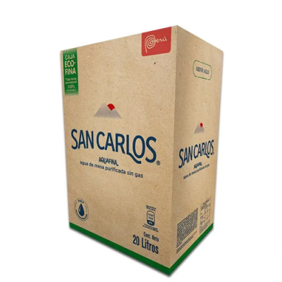Caja de agua de mesa San Carlos 20 litros con caño en caja descartable para Barranco